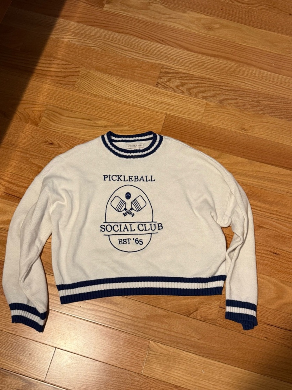 Sincerely Jules Pickleball White Crewneck Sweater with Navy Trim